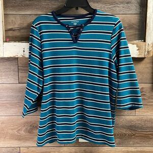 Allison Daley Ladies Pullover Striped Shirt, Size Large, Teal, Black and White